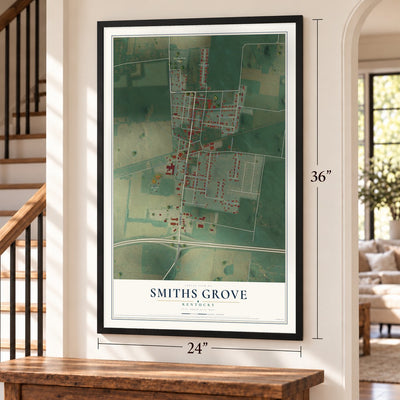 Smiths Grove, Kentucky map, 24 x 36 inch print in a black frame by a staircase