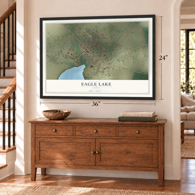 Eagle Lake, Texas map, 24 x 36 inch print in a black frame above a dresser by a staircase