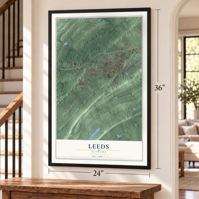 Leeds, Alabama map, 24 x 36 inch print in a black frame by a staircase