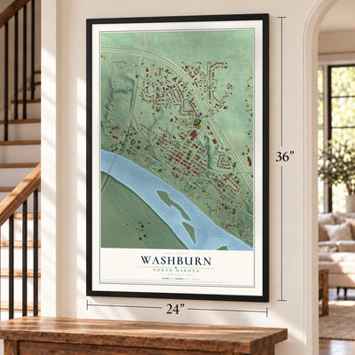 Washburn, North Dakota map, 24 x 36 inch print in a black frame by a staircase