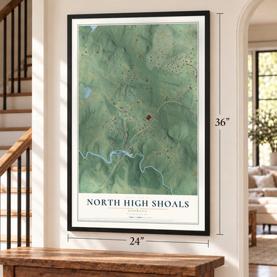 North High Shoals, Georgia map, 24 x 36 inch print in a black frame by a staircase