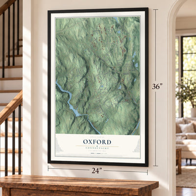 Oxford, Connecticut map, 24 x 36 inch print in a black frame by a staircase