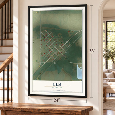 Ulm, Arkansas map, 24 x 36 inch print in a black frame by a staircase