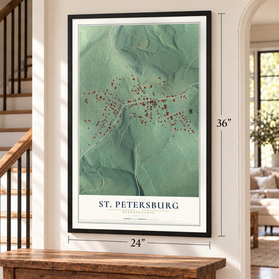 St. Petersburg, Pennsylvania map, 24 x 36 inch print in a black frame by a staircase