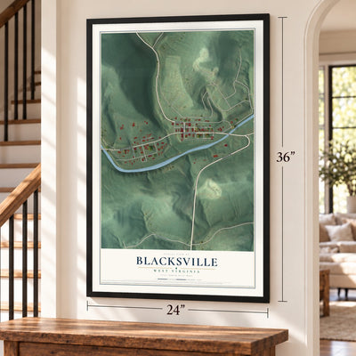 Blacksville, West Virginia map, 24 x 36 inch print in a black frame by a staircase