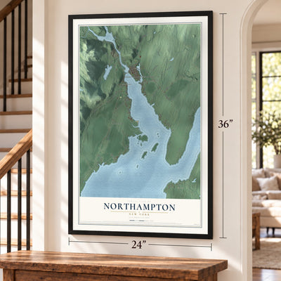 Northampton, New York map, 24 x 36 inch print in a black frame by a staircase