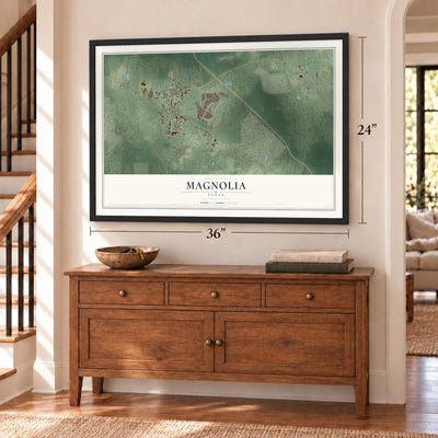 Magnolia, Texas map, 24 x 36 inch print in a black frame above a dresser by a staircase