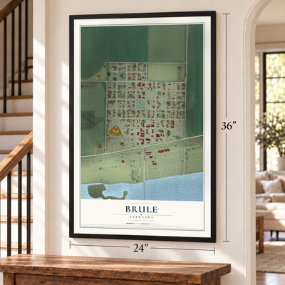 Brule, Nebraska map, 24 x 36 inch print in a black frame by a staircase