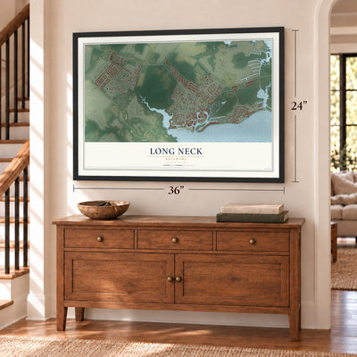 Long Neck, Delaware map, 24 x 36 inch print in a black frame above a dresser by a staircase