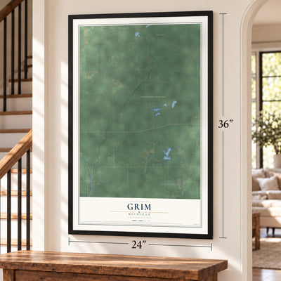 Grim, Michigan map, 24 x 36 inch print in a black frame by a staircase