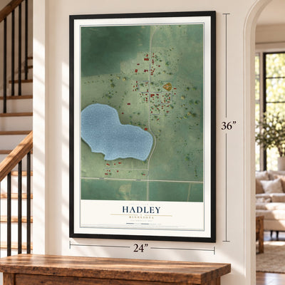 Hadley, Minnesota map, 24 x 36 inch print in a black frame by a staircase