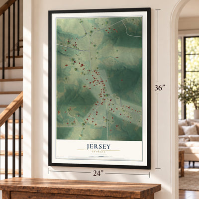 Jersey, Georgia map, 24 x 36 inch print in a black frame by a staircase
