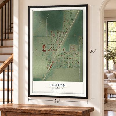 Fenton, Louisiana map, 24 x 36 inch print in a black frame by a staircase