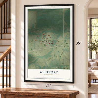 Westport, Minnesota map, 24 x 36 inch print in a black frame by a staircase