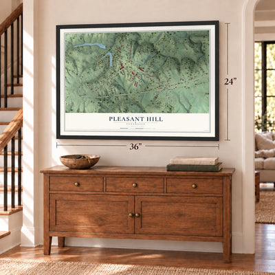 Pleasant Hill, Tennessee map, 24 x 36 inch print in a black frame above a dresser by a staircase