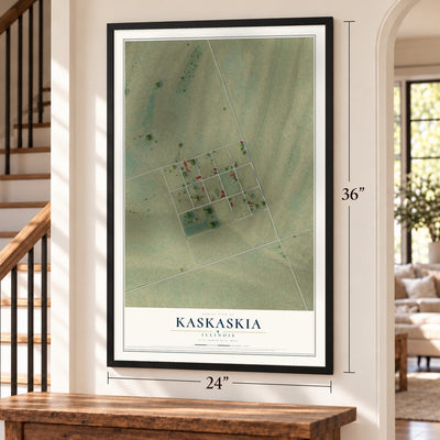 Kaskaskia, Illinois map, 24 x 36 inch print in a black frame by a staircase