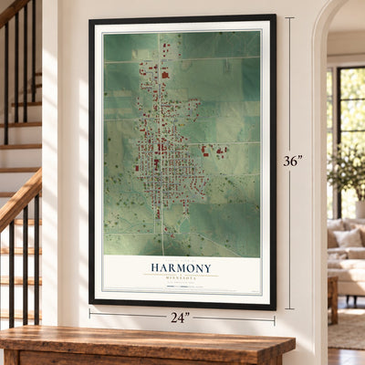 Harmony, Minnesota map, 24 x 36 inch print in a black frame by a staircase