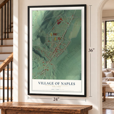 Village of Naples, New York map, 24 x 36 inch print in a black frame by a staircase