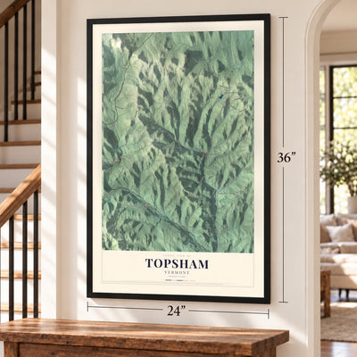 Topsham, Vermont map, 24 x 36 inch print in a black frame by a staircase