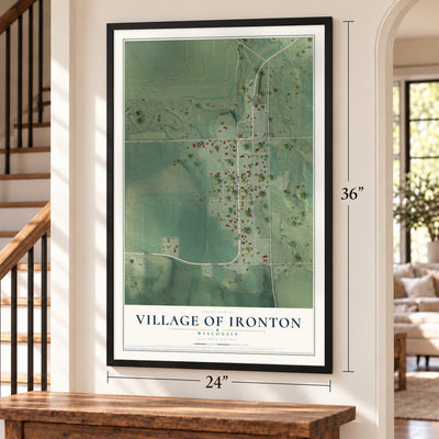 Ironton, Wisconsin map, 24 x 36 inch print in a black frame by a staircase