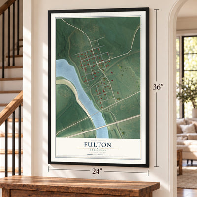 Fulton, Arkansas map, 24 x 36 inch print in a black frame by a staircase