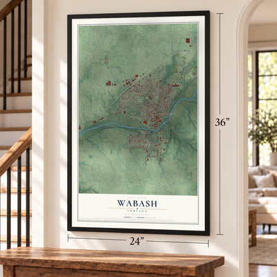 Wabash, Indiana map, 24 x 36 inch print in a black frame by a staircase