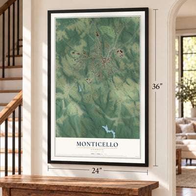 Monticello, Georgia map, 24 x 36 inch print in a black frame by a staircase