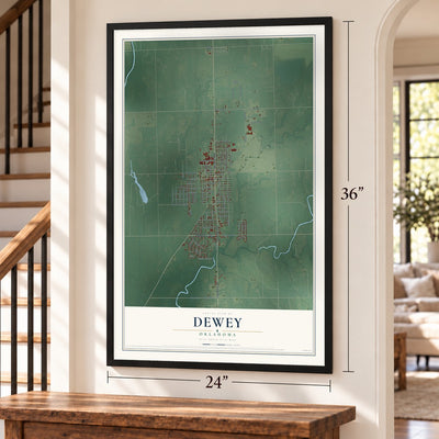 Dewey, Oklahoma map, 24 x 36 inch print in a black frame by a staircase