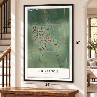 Nickerson, Nebraska map, 24 x 36 inch print in a black frame by a staircase