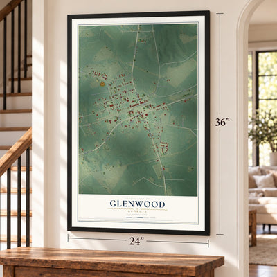 Glenwood, Georgia map, 24 x 36 inch print in a black frame by a staircase