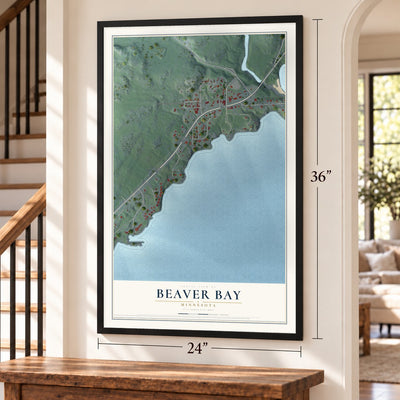 Beaver Bay, Minnesota map, 24 x 36 inch print in a black frame by a staircase