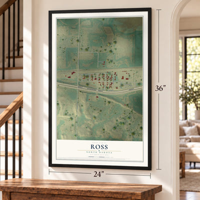 Ross, North Dakota map, 24 x 36 inch print in a black frame by a staircase