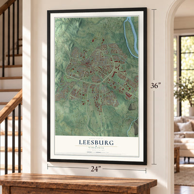 Leesburg, Virginia map, 24 x 36 inch print in a black frame by a staircase