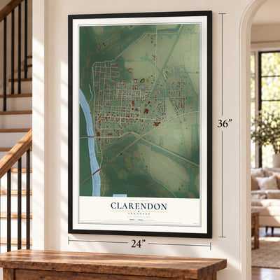 Clarendon, Arkansas map, 24 x 36 inch print in a black frame by a staircase