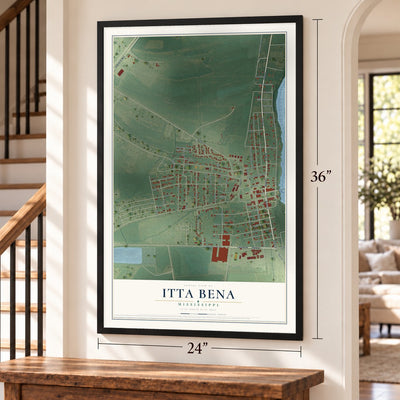Itta Bena, Mississippi map, 24 x 36 inch print in a black frame by a staircase