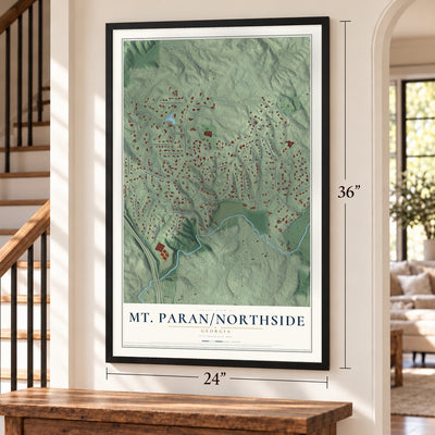 Mt. Paran-Northside, Georgia map, 24 x 36 inch print in a black frame by a staircase