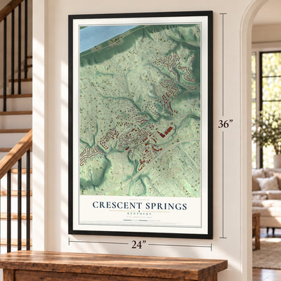 Crescent Springs, Kentucky map, 24 x 36 inch print in a black frame by a staircase