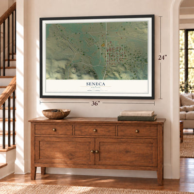 Seneca, Oregon map, 24 x 36 inch print in a black frame above a dresser by a staircase