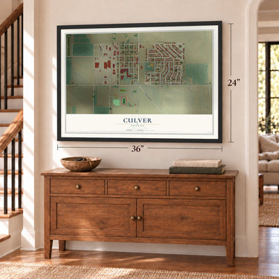Culver, Oregon map, 24 x 36 inch print in a black frame above a dresser by a staircase
