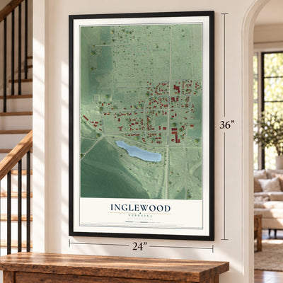 Inglewood, Nebraska map, 24 x 36 inch print in a black frame by a staircase