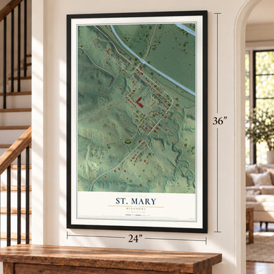 St. Mary, Missouri map, 24 x 36 inch print in a black frame by a staircase