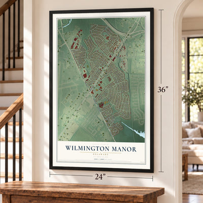 Wilmington Manor, Delaware map, 24 x 36 inch print in a black frame by a staircase