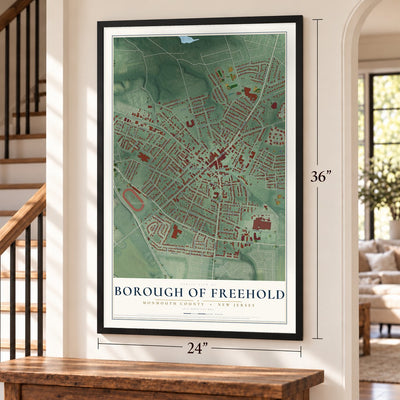 Borough of Freehold, Monmouth County, New Jersey map, 24 x 36 inch print in a black frame by a staircase