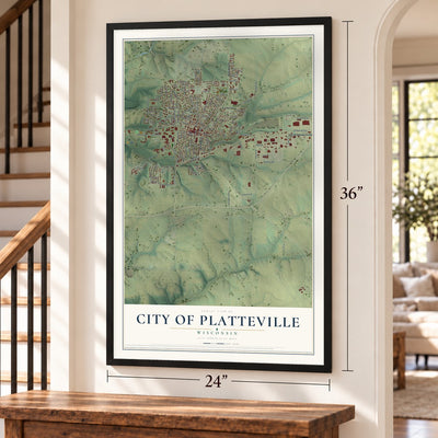 Platteville, Wisconsin map, 24 x 36 inch print in a black frame by a staircase