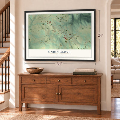 Union Grove, Alabama map, 24 x 36 inch print in a black frame above a dresser by a staircase