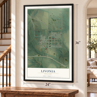 Livonia, Missouri map, 24 x 36 inch print in a black frame by a staircase