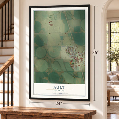 Ault, Colorado map, 24 x 36 inch print in a black frame by a staircase
