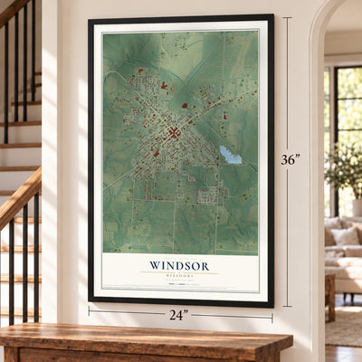 Windsor, Missouri map, 24 x 36 inch print in a black frame by a staircase