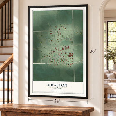 Grafton, Nebraska map, 24 x 36 inch print in a black frame by a staircase