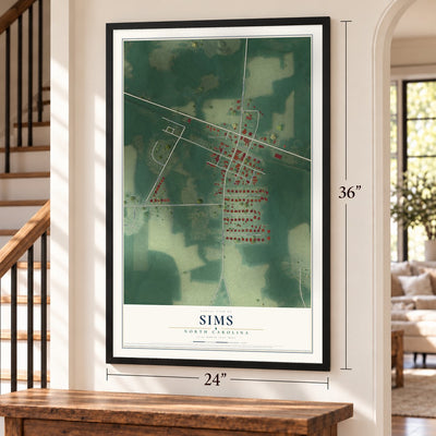 Sims, North Carolina map, 24 x 36 inch print in a black frame by a staircase